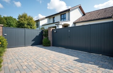 Fototapeta premium Modern anthracite panel fence with sliding driveway gate, wicket. Home entrance features integrated letterbox, secure entry to private residence. Exterior shot shows paved driveway, green garden.