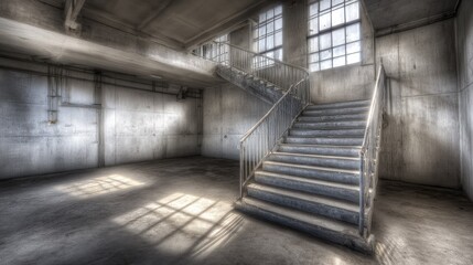 Empty industrial interior with a concrete staircase bathed in light.