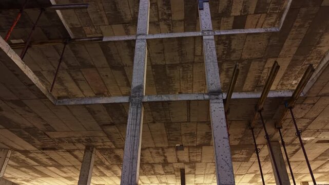 In an empty structure, haunting shadows dance on exposed concrete beams as the warm glow of dusk filters through gaps, telling stories of lost time and unfulfilled dreams.