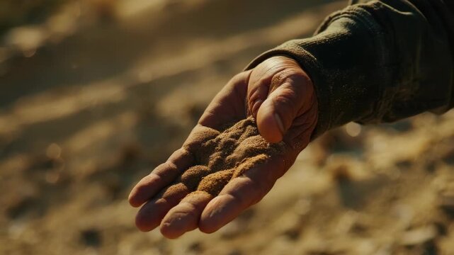A hand holding a handful of sand with wind blowing the grains away.