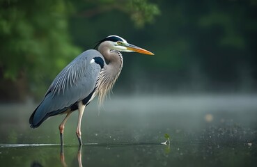 Fototapeta premium Great blue heron stands in calm shallow water near green foliage. Bird waits patiently in wetland habitat, hunting for fish. Its grey and white plumage is detailed against dark natural background.