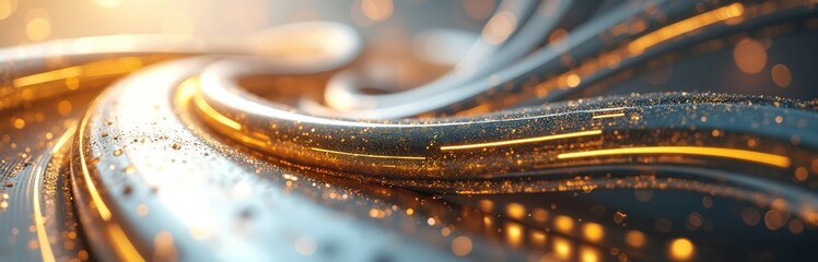Obraz premium Abstract swirling metallic lines with golden sparks and light streaks. Futuristic energy flow pattern with textured surface. Technological progress and innovation concept.