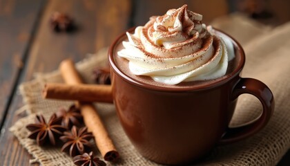 Brown mug filled with hot chocolate topped with whipped cream and cocoa powder. Cinnamon sticks and star anise rest near the cup on burlap. Warmth and comfort reflected on wooden table.
