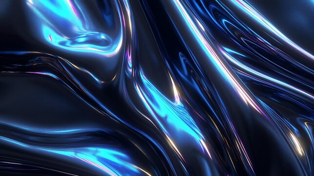 Abstract dark blue liquid metal waves with vibrant cyan and magenta reflections - Powered by Adobe
