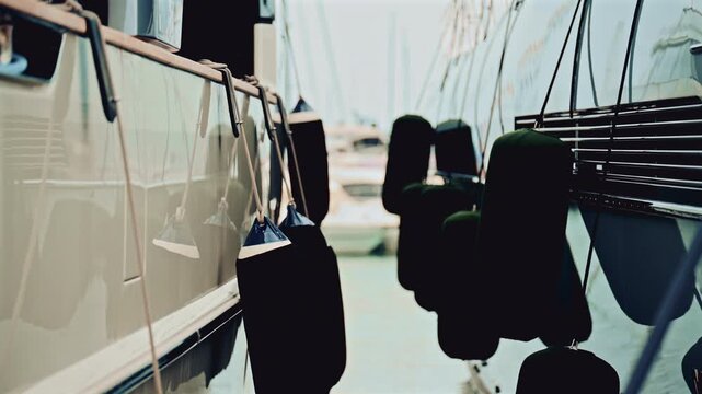 Close up of dark boat fenders hanging along the side of a yacht in a marina, gently separating neighboring boats floating on calm water