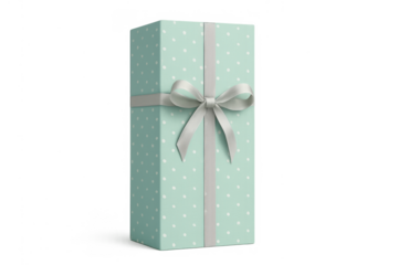 Pale blue polka dot gift box with grey ribbon and bow, symbolizing celebration, holidays, surprise, and giving