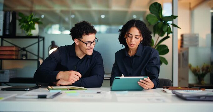 Tablet, planning and business people in office at night for accounting, budget report and audit. Technology, team and discussion with accountant for finance meeting, bookkeeping and notes on overtime