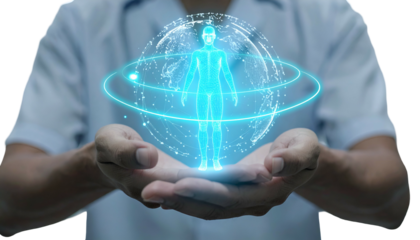Doctor's hands cradle a glowing human figure inside a digital globe
