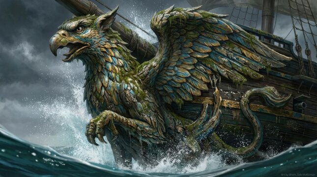 Epic fantasy sea creature with gryphon features emerging from stormy ocean as part of a ship ornate figurehead, with dramatic waves, dark skies and powerful mythical design