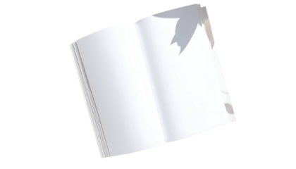 Open, floating book with blank white pages against a dark background, shadow cast