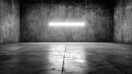 Empty concrete room with bright horizontal light fixture.