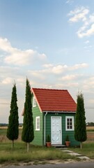 A small green house a red roof next to three small green trees.