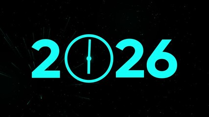 Neon cyan 2026 with clock symbol in space background, new year countdown concept - Powered by Adobe