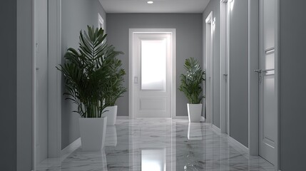 Modern hallway with potted plants and doors features marble flooring.