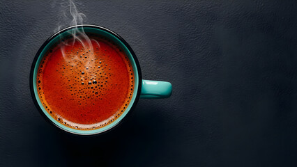 Steaming hot cup of freshly brewed black coffee viewed from above on dark textured background with copy space for text
