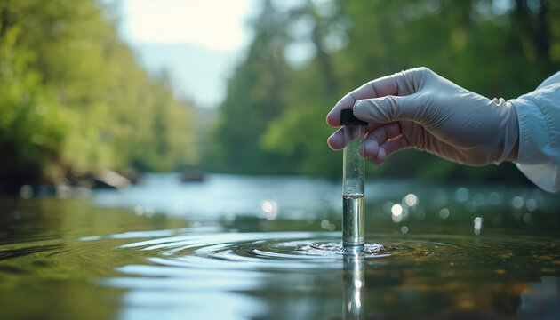 Scientist in protective suit takes river water sample in test tube for research. Analyzing natural resource quality in outdoor environment for sustainability.