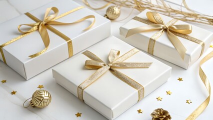 A white background white boxes gold ribbons and bows.