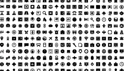 Grid of small, white icons on a black background, representing various digital actions