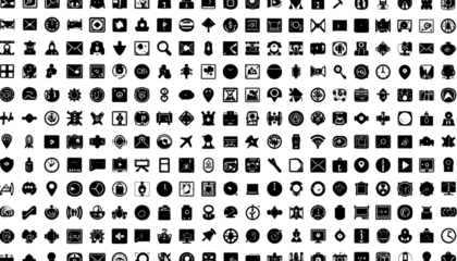 Grid of small, white icons on a black background, representing various digital actions