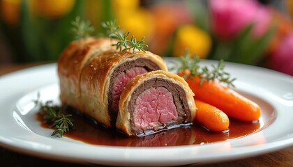 Beef Wellington sliced on white plate with gravy and baby carrots. Golden puff pastry surrounds rare roast beef. Delicious haute cuisine dish, special occasion meal.