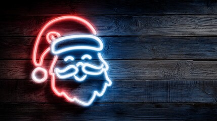 Neon Santa Claus face sign glowing brightly on a dark rustic wooden background texture