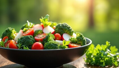 Fresh salad with broccoli cherry tomatoes and radishes in dark bowl on wood table. Green garden background soft light. Healthy meal preparation outdoors with vibrant veggies.