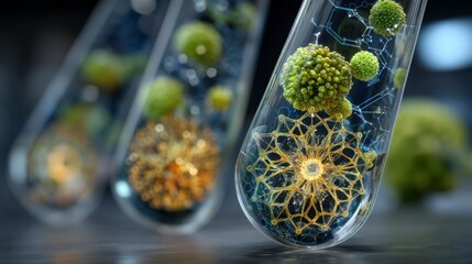 Colorful Microorganisms in Laboratory Test Tubes with Scientific Background