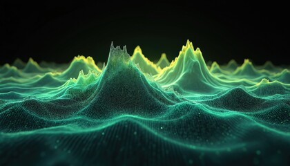 Digital landscape of glowing green and yellow peaks. Abstract terrain formed by tiny particles creates a sense of futuristic data visualization. Waves and mountains appear in a luminous digital world.