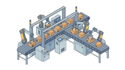 Fototapeta premium Industrial robotic assembly line with orange parts on a white background