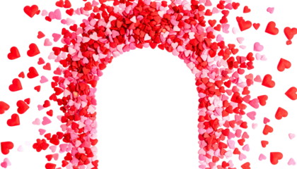 Archway comprised of red and pink hearts on black background, open space