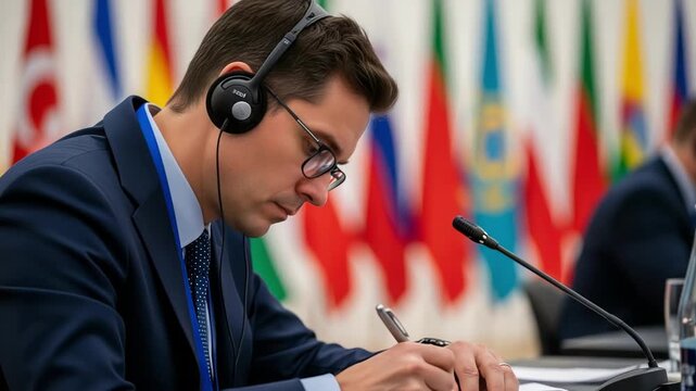 Professional diplomat jotting down important points during conference