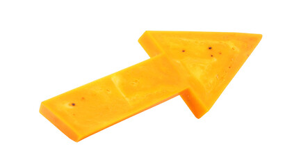 Close-up of a three-dimensional, solid yellow arrow, floating against a black background