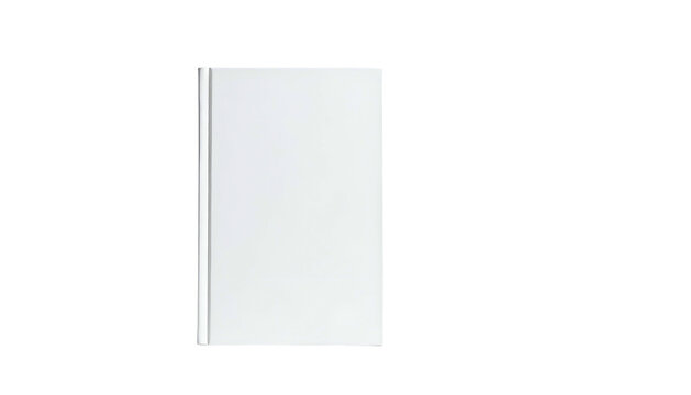 A blank hardcover book, upright, with white cover and spine, against a black background