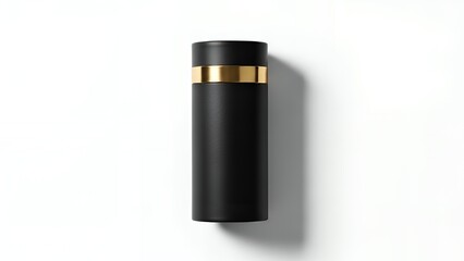 Black Thermos Bottle with Gold Band on White Background