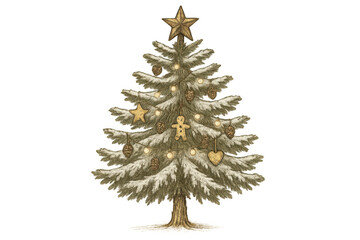 Fototapeta premium Vintage christmas tree illustration with festive decorations, gingerbread man, pinecones, and star atop, transparent background