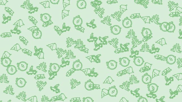 Scattered light green pattern with tents, cars, and compasses. Perfect for outdoor adventure themes, camping websites, or travel brochures.