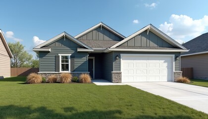 Fototapeta premium Modern ranch house with gray vinyl siding and stone accents. Features a large white garage door, manicured lawn, and clear blue sky. Offers a comfortable suburban living space for families.