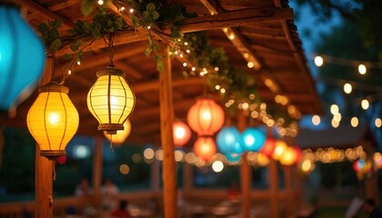 Obraz premium Festive outdoor pavilion adorned with colorful hanging lanterns and string lights. People gather for a joyful evening celebration under illuminated decorations in a cozy atmosphere.