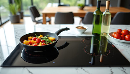 Modern kitchen setup with fresh vegetables cooking in a pan on an induction stove. Ingredients like tomatoes and spices are prepped nearby with wine bottles suggesting dinner preparation.