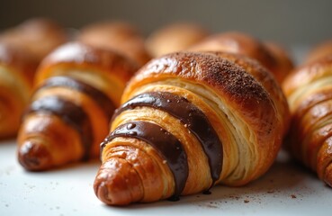 Flaky croissants with dark chocolate filling, dusted with cocoa powder. Freshly baked pastry served on a white table. Ideal for breakfast or cafe menus.