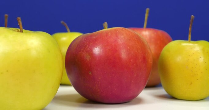 Fresh red and green apples rotates on blue backdrop