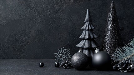 a holiday themed still life, showcasing seasonal decorations with christmas trees and baubles arranged on a dark surface, creating a festive winter atmosphere
