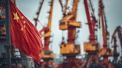 a bustling industrial scene featuring large orange cranes. in the foreground, there's a prominent red flag waving amidst the industrial machinery