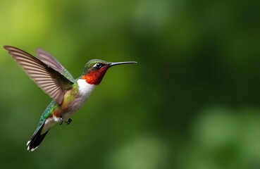 Naklejka premium Ruby throated hummingbird hovers mid air against blurred green background. Tiny avian bird with outstretched wings feeds on nectar from unseen flower. Its iridescent plumage gleams.