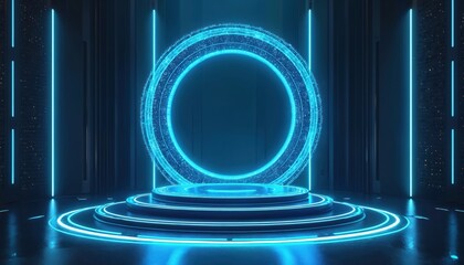 Futuristic circular portal stage glows with neon blue light. Digital data streams form concentric rings, an abstract sci-fi concept for virtual reality or gaming.