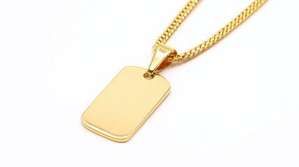Fototapeta premium Golden Pendant: A striking close-up showcases an exquisite golden pendant with a sleek, rectangular design suspended gracefully from a delicate chain, radiating opulence.