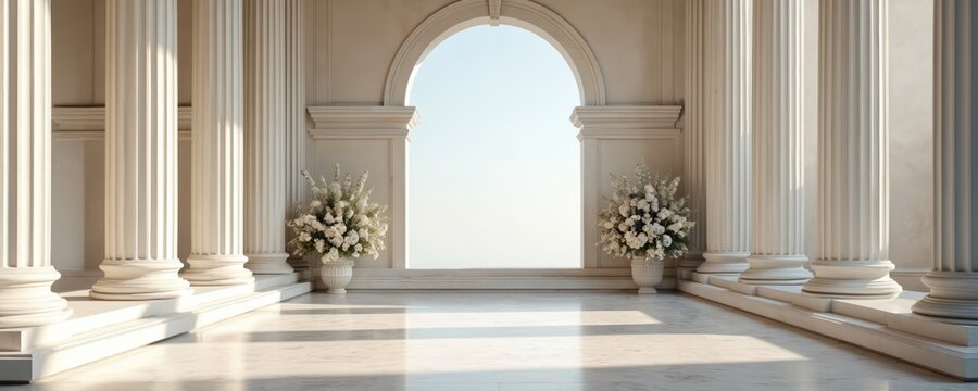 Marble hall with ionic columns and white flower arrangements. Natural light enters through an archway illuminating polished floor. Elegant classical architecture setting. - Powered by Adobe