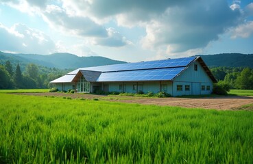 Obraz premium Farm building with solar panels on roof sits in green field near forest hills. Building uses clean sun power for energy. Rural landscape shows eco-friendly farming.