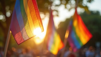 Rainbow flags wave gently in warm sunlight during outdoor pride event. People gather together in park celebrating diversity and acceptance. Atmosphere is joyful and full of hope for equality.