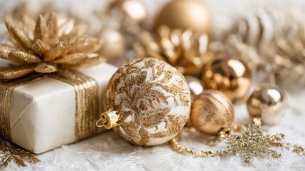 a collection of christmas ornaments and presents, displayed in an attractive arrangement with a festive holiday theme